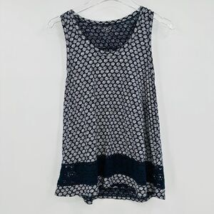 LOFT Size Small Blue & White Geometric Print Knit Eyelet Trim Tank Top